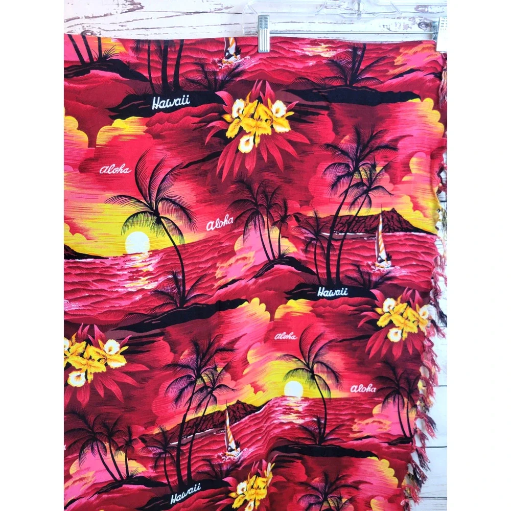 Royal Hawaiian Creations Red Pareo Beach Hawaii Aloha Fringe Dress Scarf 42